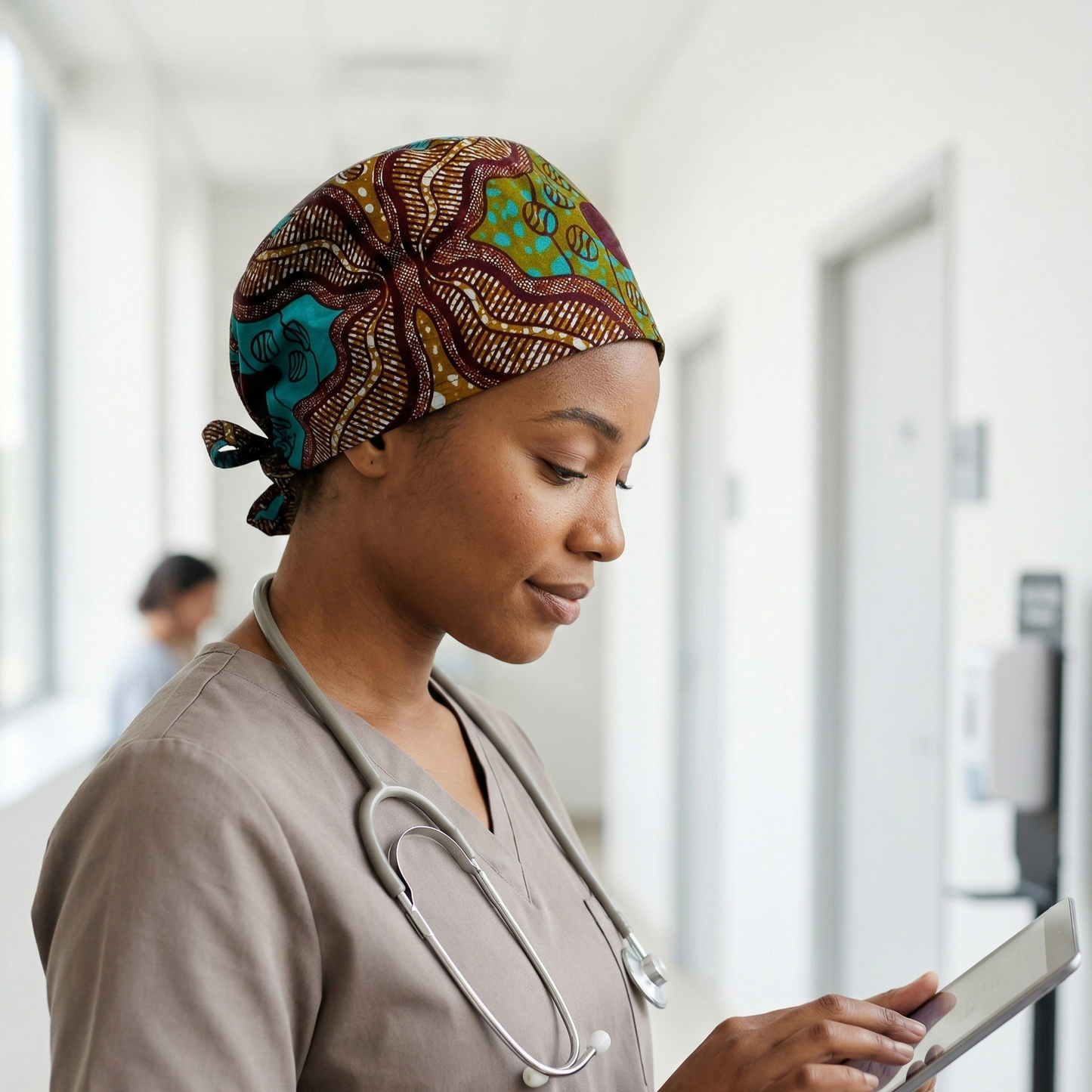Bronze & Turquoise Surgical Cap 3: A lifestyle shot of the female healthcare professional in a bright hospital corridor. She is wearing the bronze and turquoise surgical cap and taupe scrubs while looking down at a digital tablet in her hands. The hallway behind her is light and airy with a soft focus.