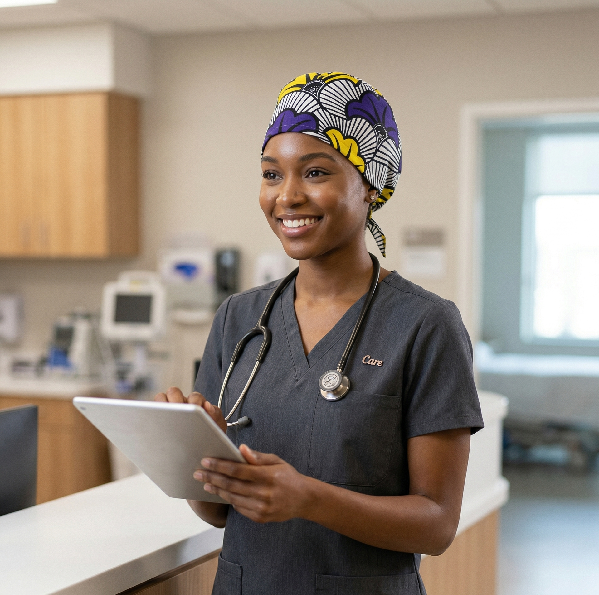 A healthcare professional wearing the African Wedding Flower surgical cap in a bright, modern clinical hallway setting.