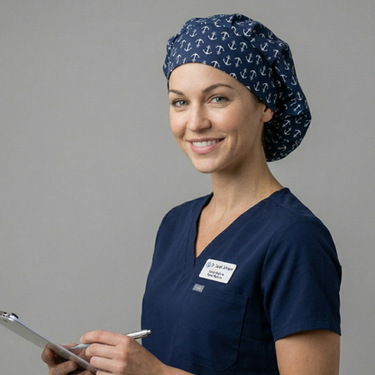 A smiling healthcare professional looking at the camera, holding a tablet and stylus while wearing the anchor-patterned scrub cap.