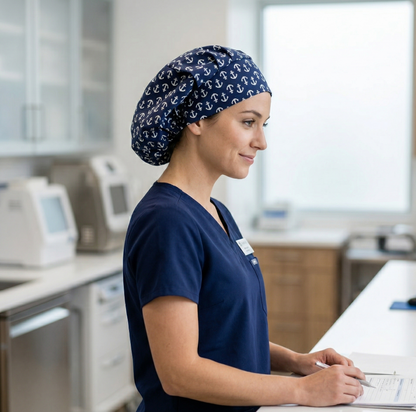 A healthcare professional in a medical office, shown in profile while writing on a clipboard and wearing the anchor-patterned scrub cap.