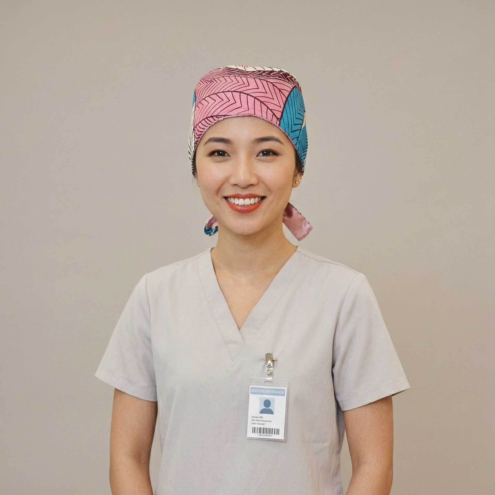 A centered, bust-up portrait of a smiling woman of East Asian descent, wearing grey scrubs and a patterned scrub cap identical in style and colors (pink, blue-green chevron, and maroon elements) to the cap shown on the manikin. She has an ID badge pinned to her scrub top and is posed against a plain grey studio background.