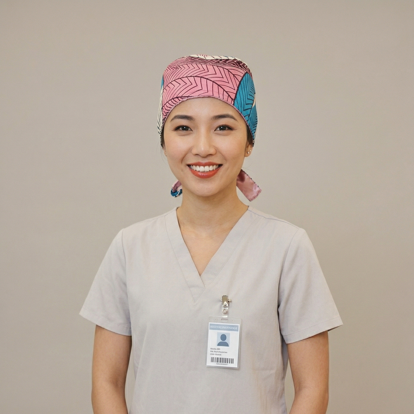 A centered, bust-up portrait of a smiling woman of East Asian descent, wearing grey scrubs and a patterned scrub cap identical in style and colors (pink, blue-green chevron, and maroon elements) to the cap shown on the manikin. She has an ID badge pinned to her scrub top and is posed against a plain grey studio background.