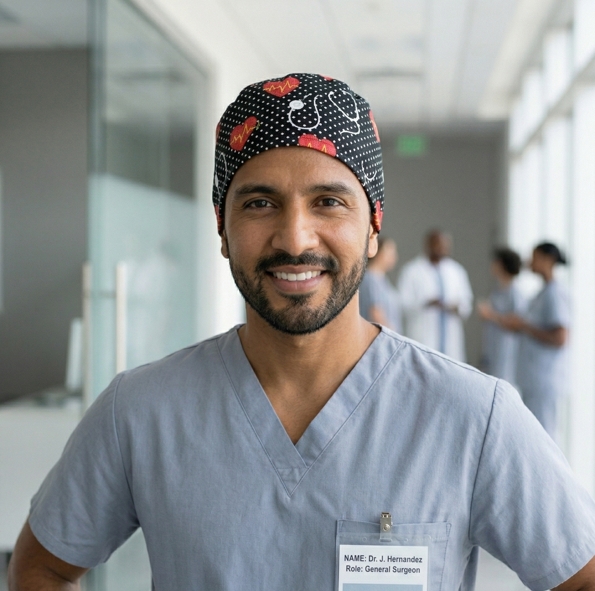 Black Stethoscope Surgical Cap 3: A full shot of the same smiling male healthcare professional in a bustling hospital hallway. He is wearing the grey scrubs and patterned surgical cap. Other blurred medical staff members are visible in the background, out of focus.