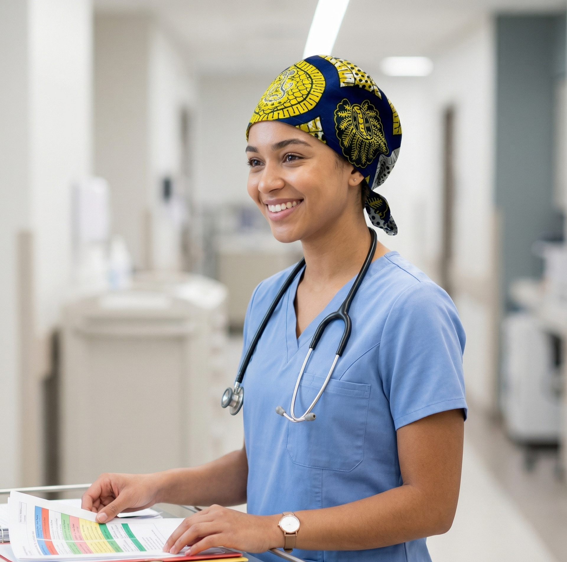 Blue & Yellow African Print Surgical Cap 3: A candid-style photo of the female healthcare professional in a hospital setting. She is wearing the patterned surgical cap and blue scrubs while smiling and looking down at a chart or medical documents. The hospital hallway is visible but blurred in the background.