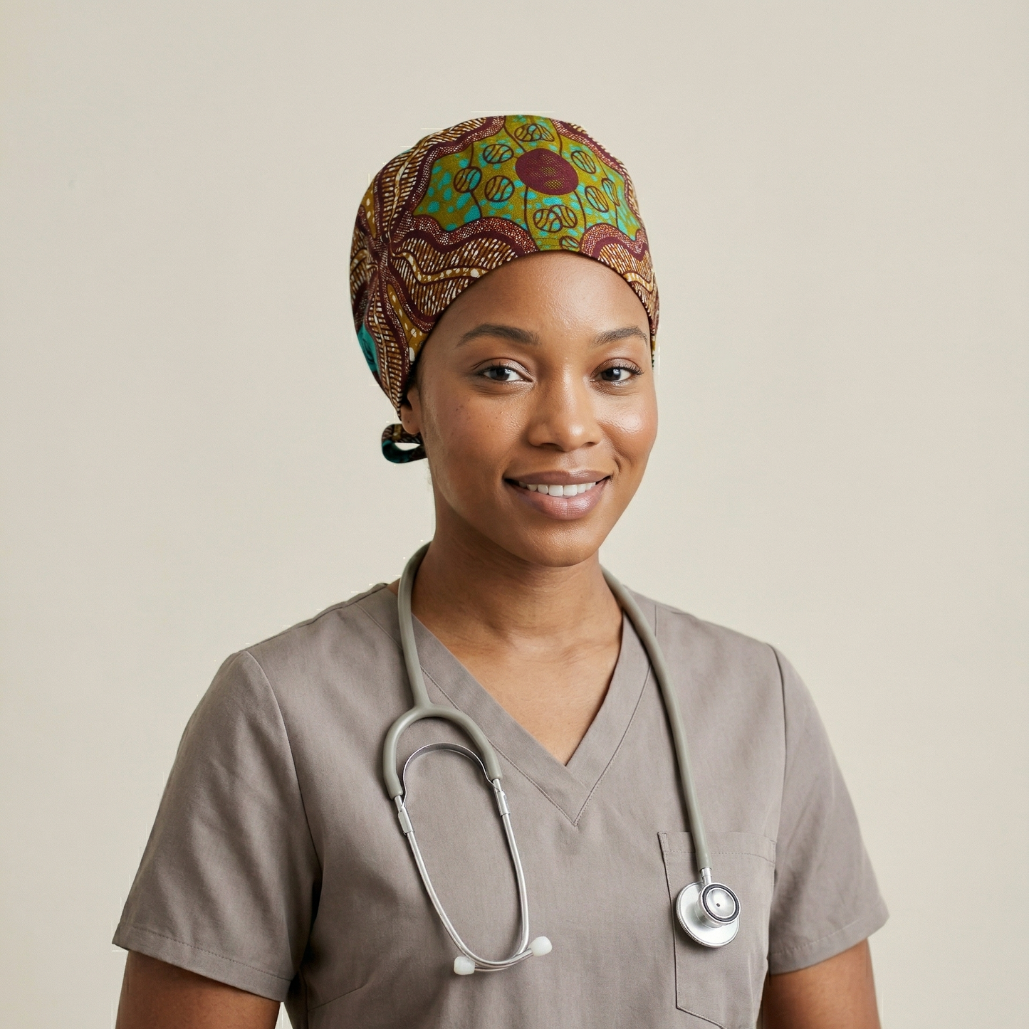 Bronze & Turquoise Surgical Cap 2: A professional studio portrait of a female healthcare professional smiling and looking at the camera. She is wearing taupe-colored scrubs, a stethoscope around her neck, and the patterned bronze and turquoise surgical cap.