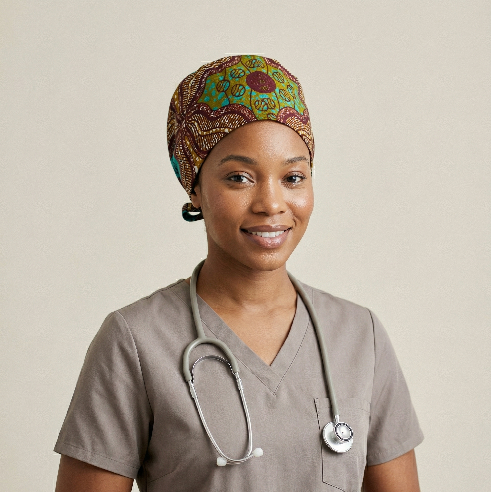 Bronze & Turquoise Surgical Cap 2: A professional studio portrait of a female healthcare professional smiling and looking at the camera. She is wearing taupe-colored scrubs, a stethoscope around her neck, and the patterned bronze and turquoise surgical cap.