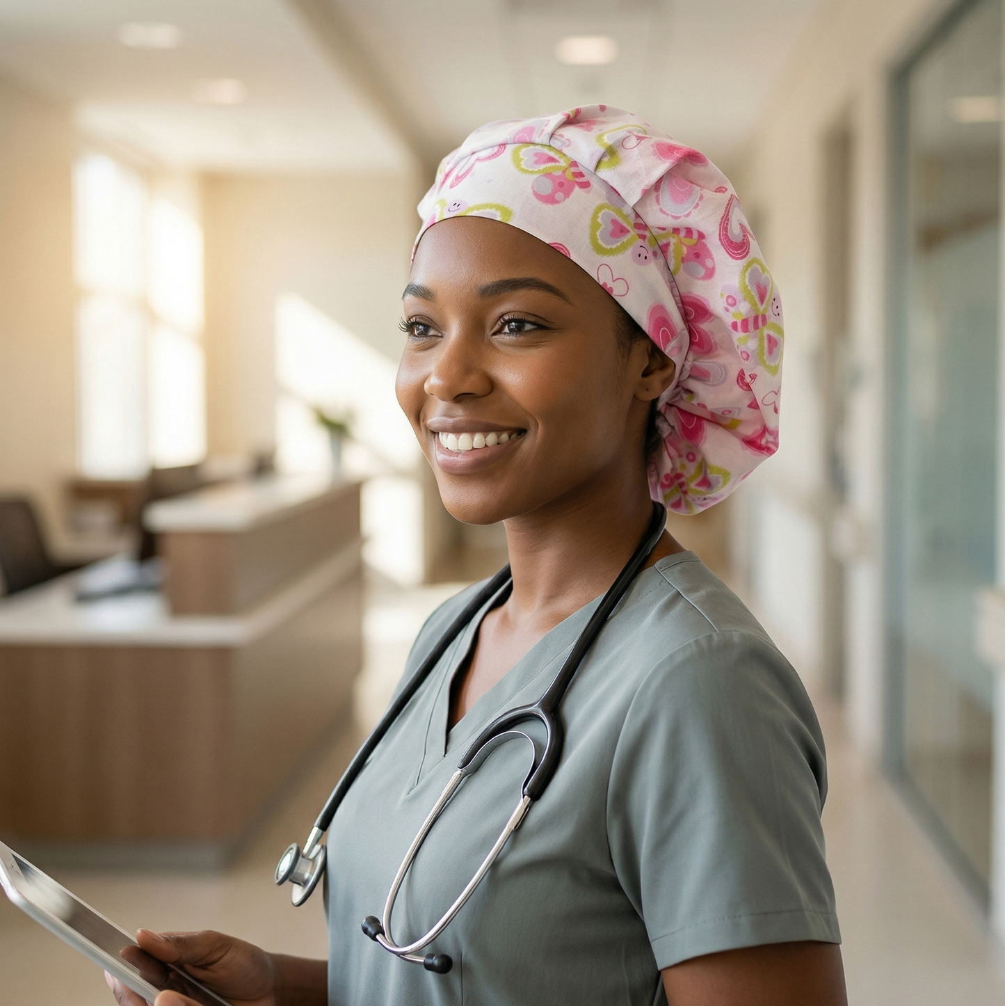 A smiling healthcare professional in a hospital hallway wearing the butterfly and heart patterned scrub cap while holding a clipboard.