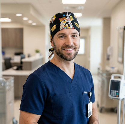 A male professional wearing the Looney Tunes themed headwear in a clinical hallway setting, paired with dark blue medical scrubs.