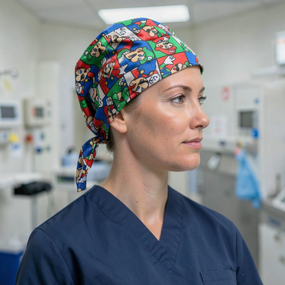 A healthcare professional wearing the floral surgical cap and blue scrubs, standing in a bright, modern medical setting.