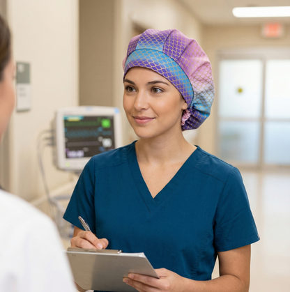 Candid photo of a female healthcare professional in teal scrubs wearing the mermaid scale scrub cap, holding a clipboard and pen in a hospital hallway.