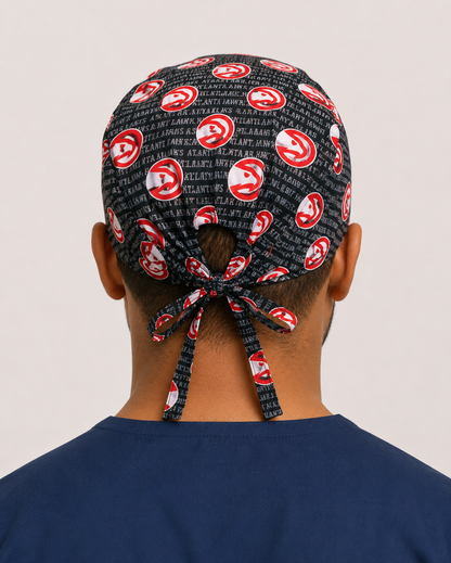 Atlanta Hawks satin-lined surgical cap, back view showing the tie