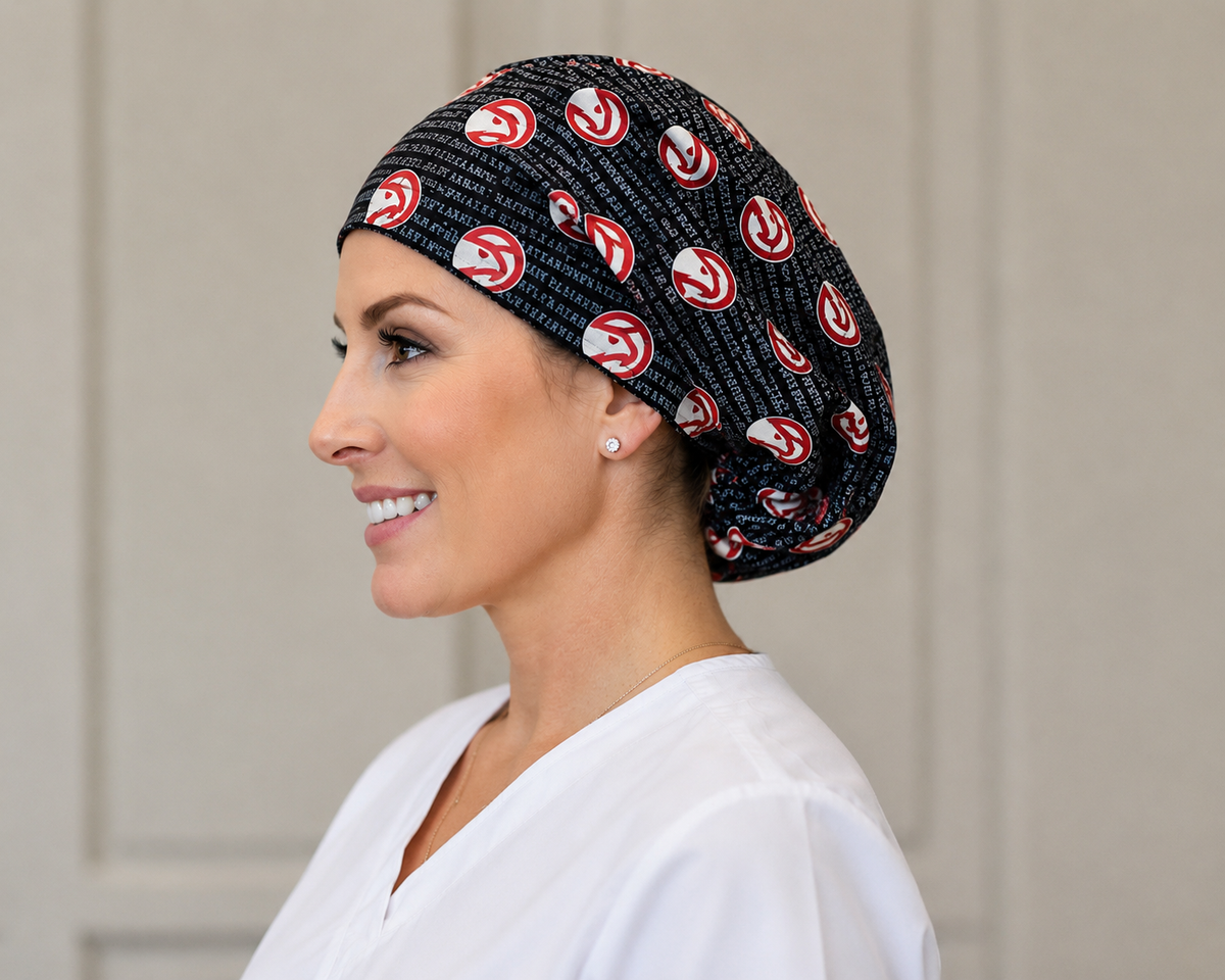 Atlanta Hawks satin-lined Euro cap worn by a healthcare professional