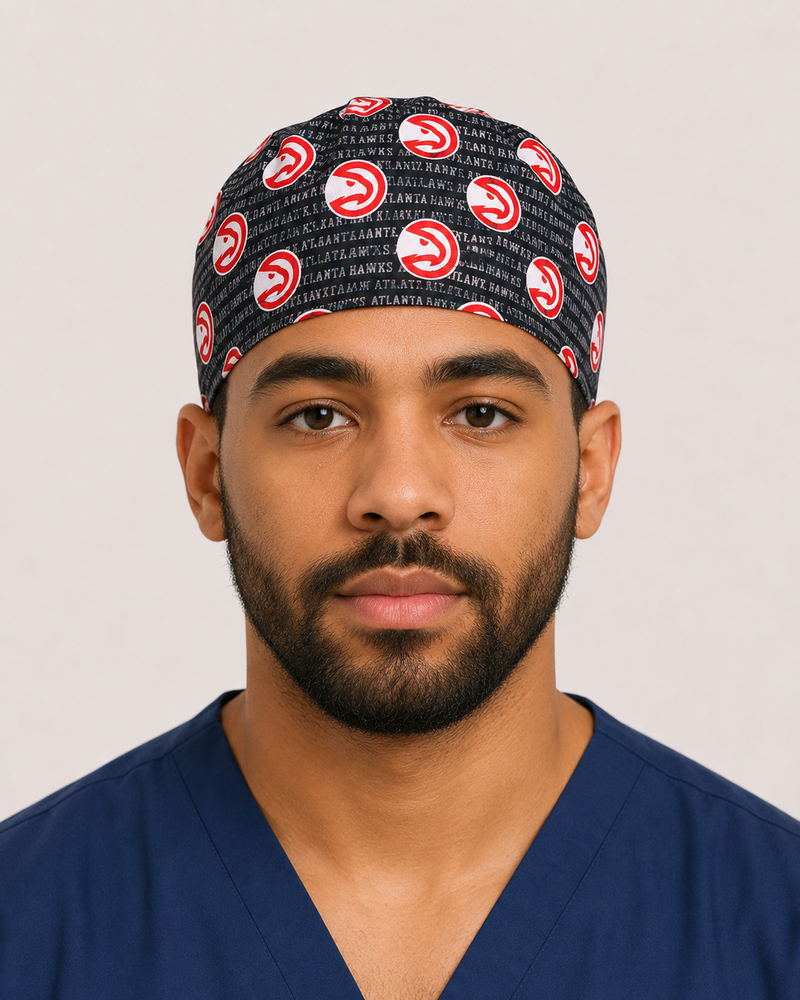 Atlanta Hawks satin-lined surgical cap, front view