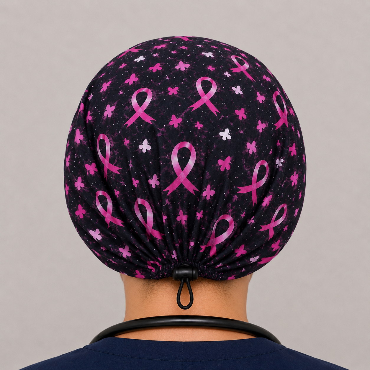 Breast Cancer Awareness black satin-lined bonnet, back view