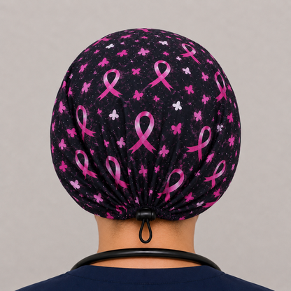 Breast Cancer Awareness black satin-lined bonnet, back view
