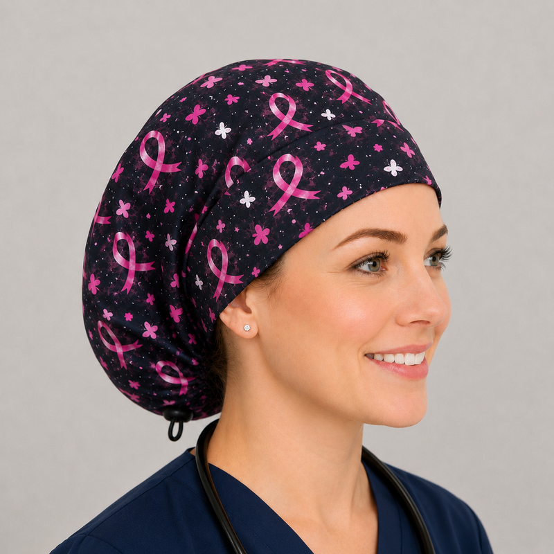 Breast Cancer Awareness black satin-lined bonnet with pink ribbons, worn by a healthcare professional