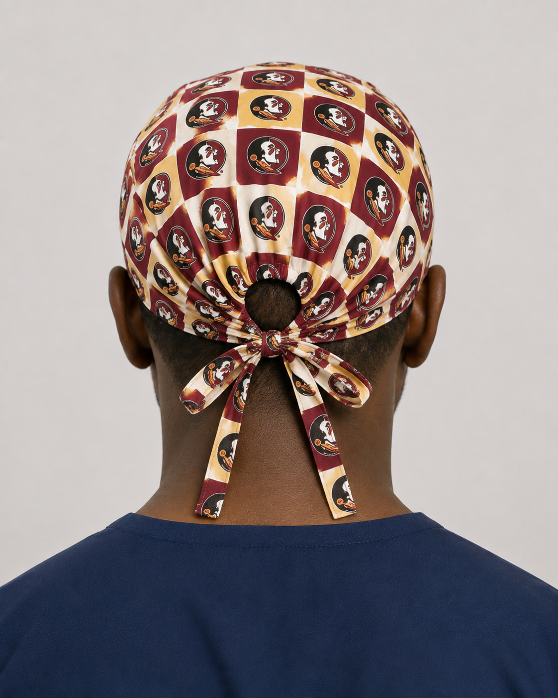 FSU Checkered satin-lined surgical cap, back view showing the tie