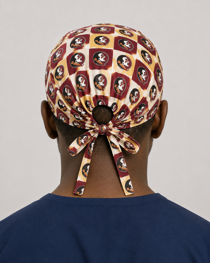 FSU Checkered satin-lined surgical cap, back view showing the tie