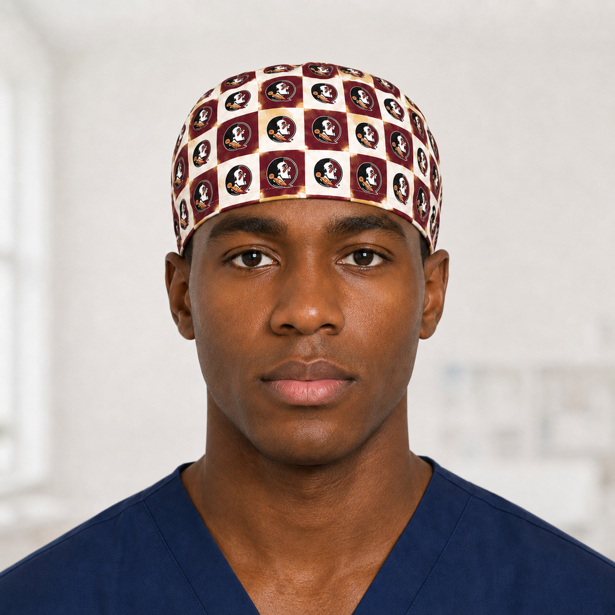 FSU Checkered satin-lined surgical cap, front view