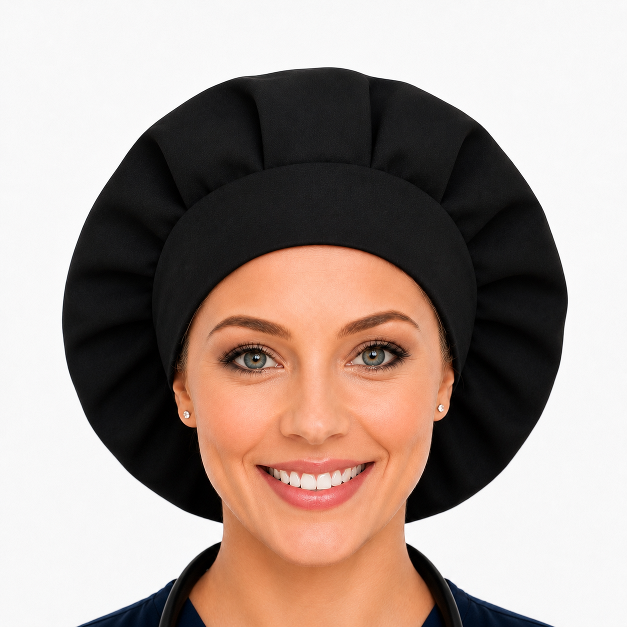 Solid black satin-lined bonnet worn by a healthcare professional