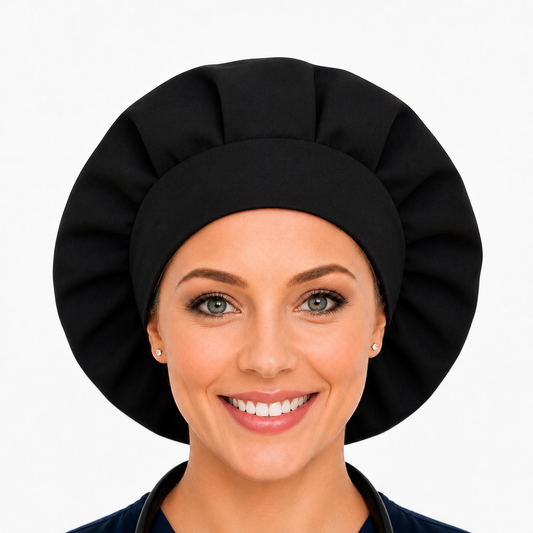 Solid black satin-lined bonnet worn by a healthcare professional