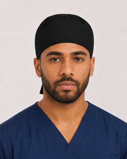 Solid black satin-lined surgical cap, front view