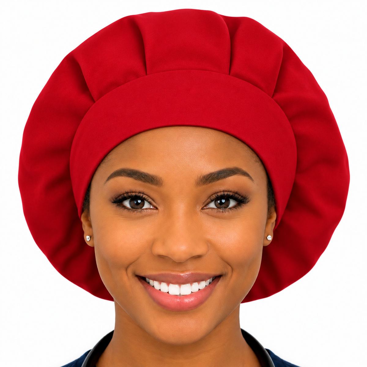 Solid red satin-lined bonnet worn by a healthcare professional