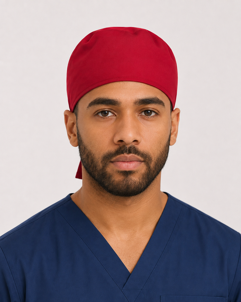 Solid red satin-lined surgical cap, front view