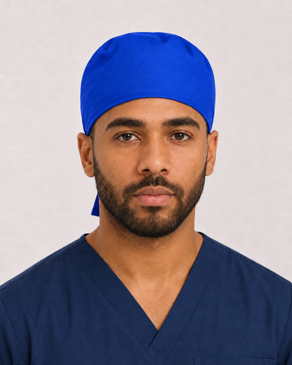 Solid royal blue satin-lined surgical cap, front view