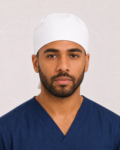Solid white satin-lined surgical cap, front view