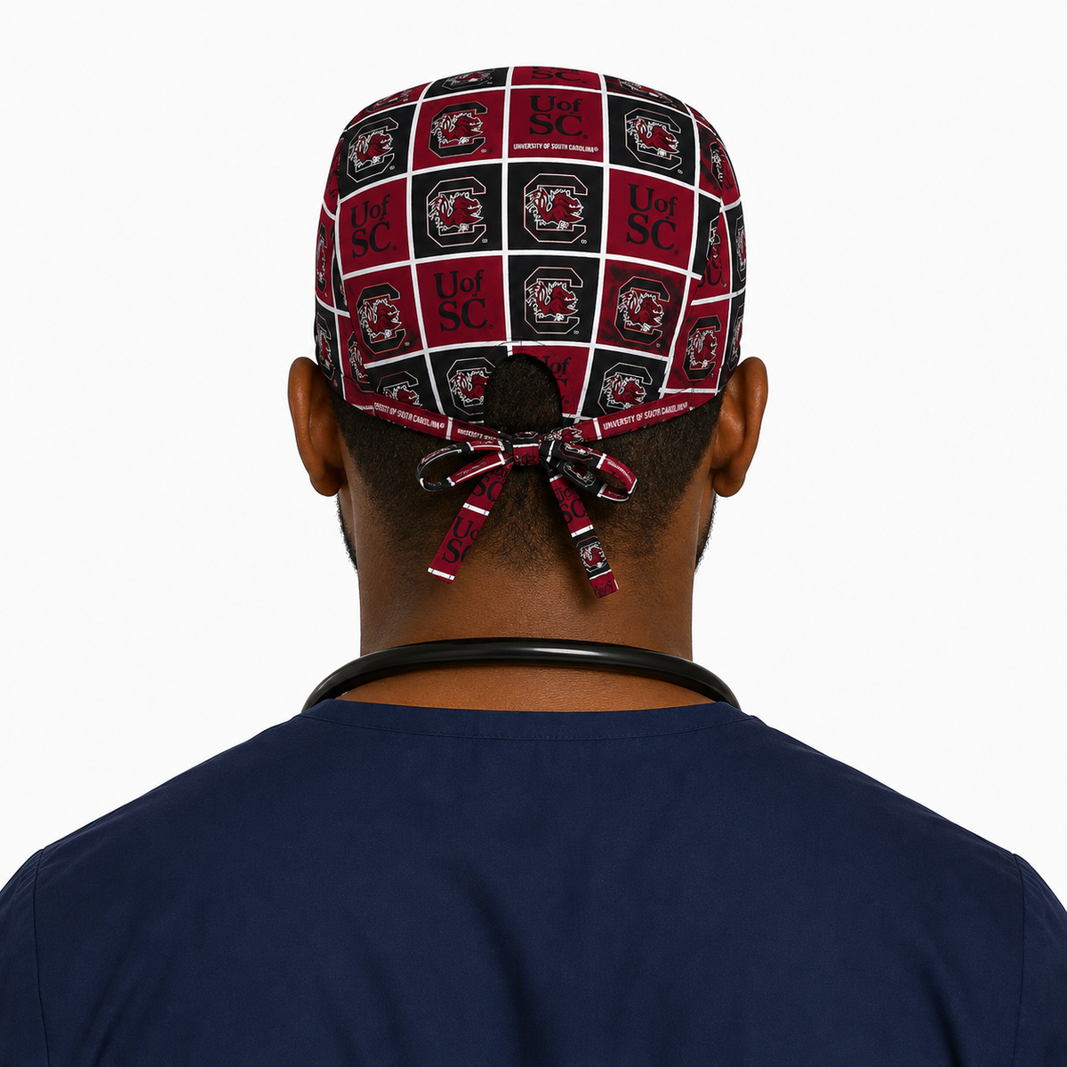 USC Gamecocks satin-lined surgical cap, back view showing the tie