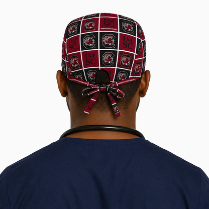 USC Gamecocks satin-lined surgical cap, back view showing the tie