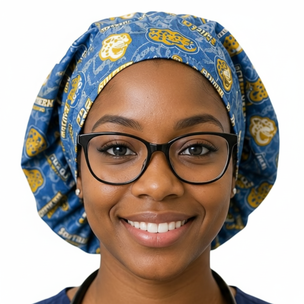 Model wearing SU Jaguars Bonnet - front view on white background