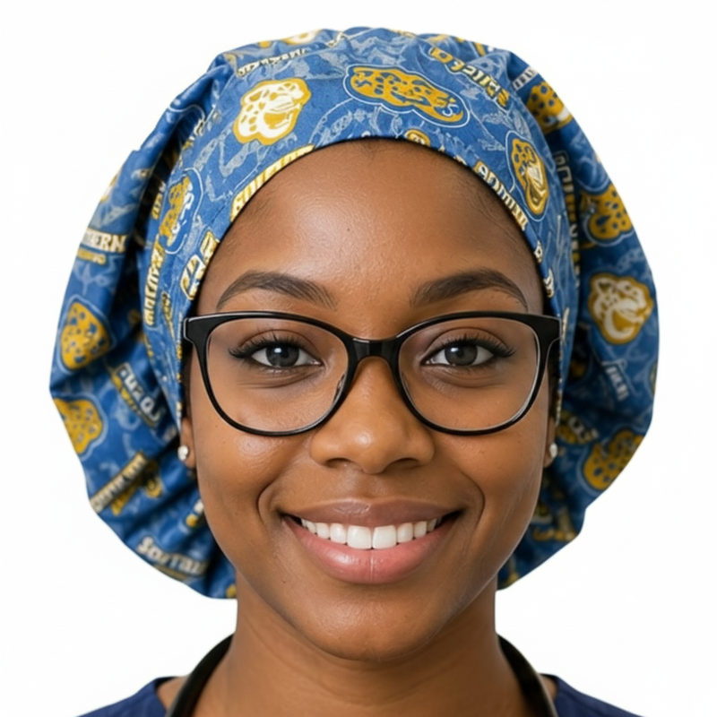 Model wearing SU Jaguars Bonnet - front view on white background