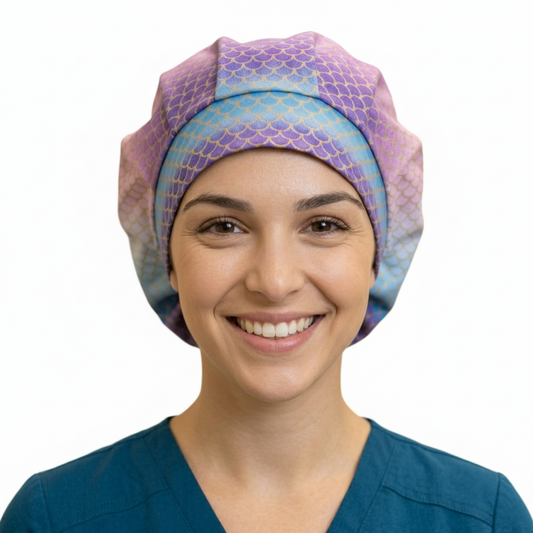Teal and Aqua Mermaid Design Bonnet on solid white background